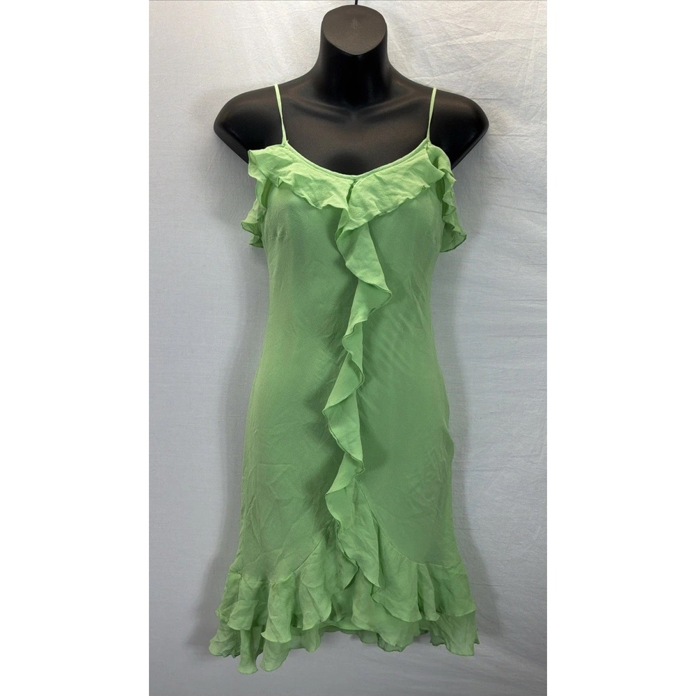 VTG 90s Y2K Express silk Slip Dress Midi Green Flounce XS/S Fairy Forest Garden